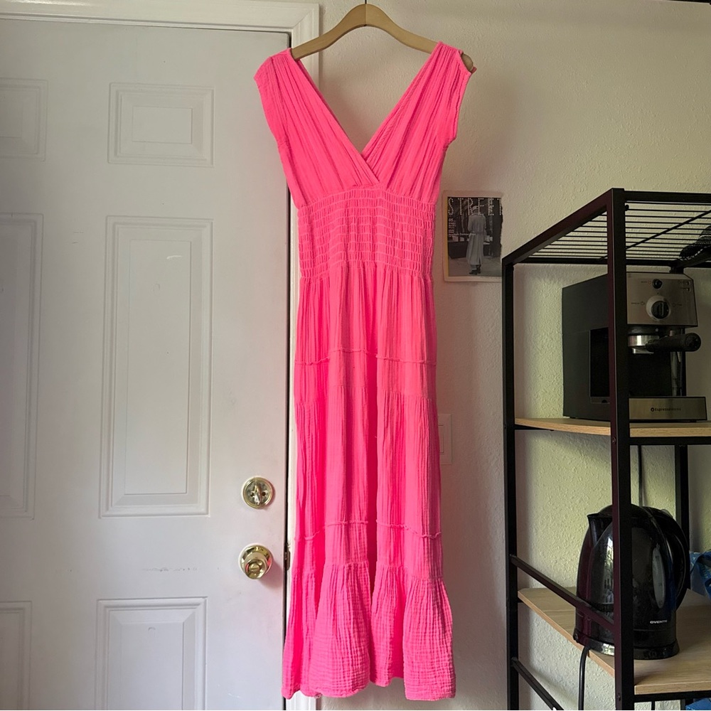 FELICITE neon pink v-neck garment dyed‎ indigo gauze cotton tiered midi dress